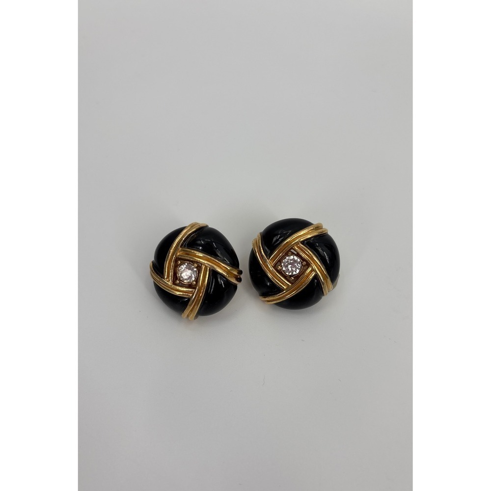 B46 Ciner Vintage Signed Black & Gold Clip On Earrings Rhinestone Knot Enamel - Picture 2 of 6